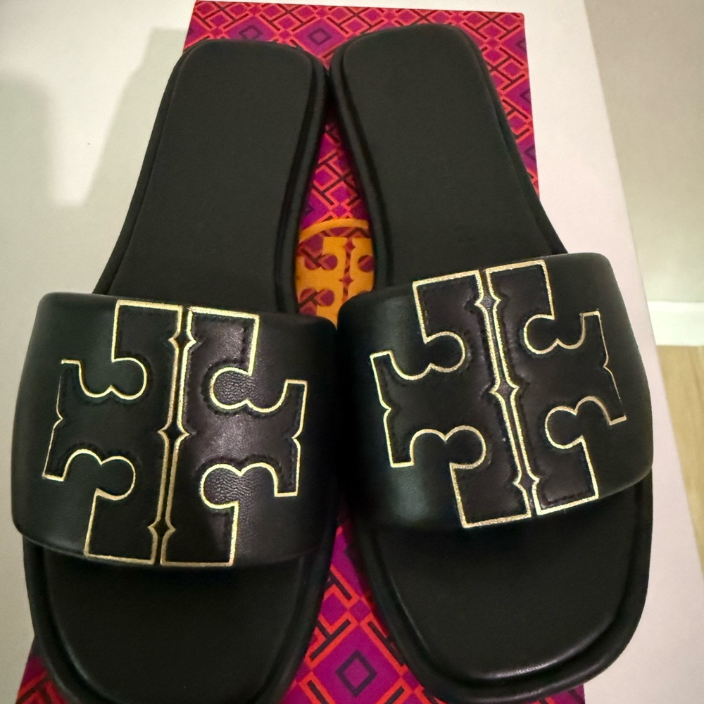 Tory Burch Black Slide Sandals with Gold Accent